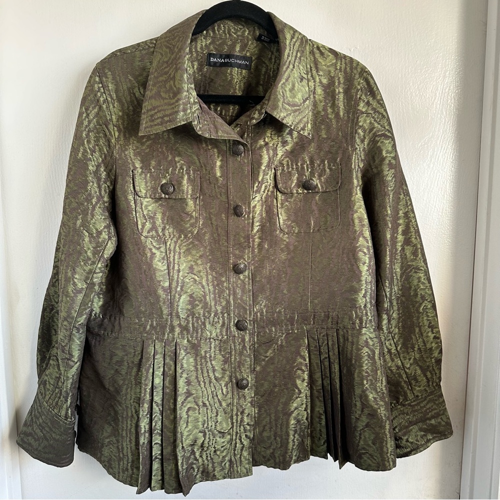Dana Buchman Peplum Shimmering Olive and Brown Swirl Patterned Jacket Sz 14